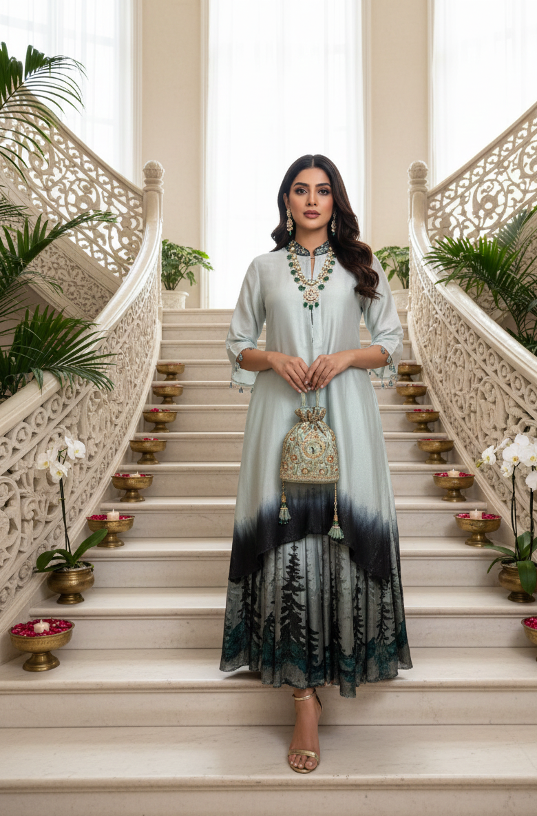 Woman in a stylish outfit standing on a decorative staircase.