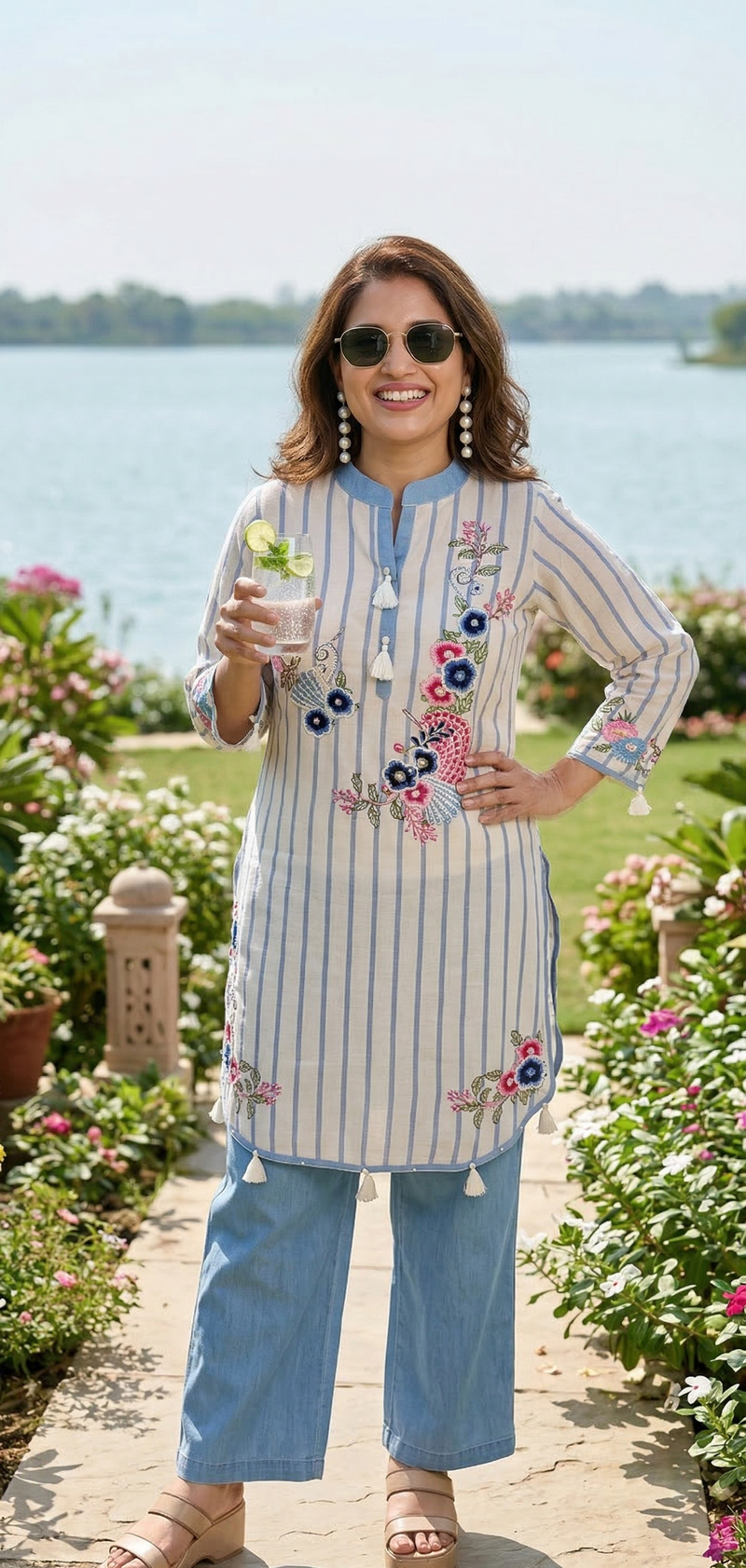 Woman in a striped outfit with floral embroidery standing by a body of water.