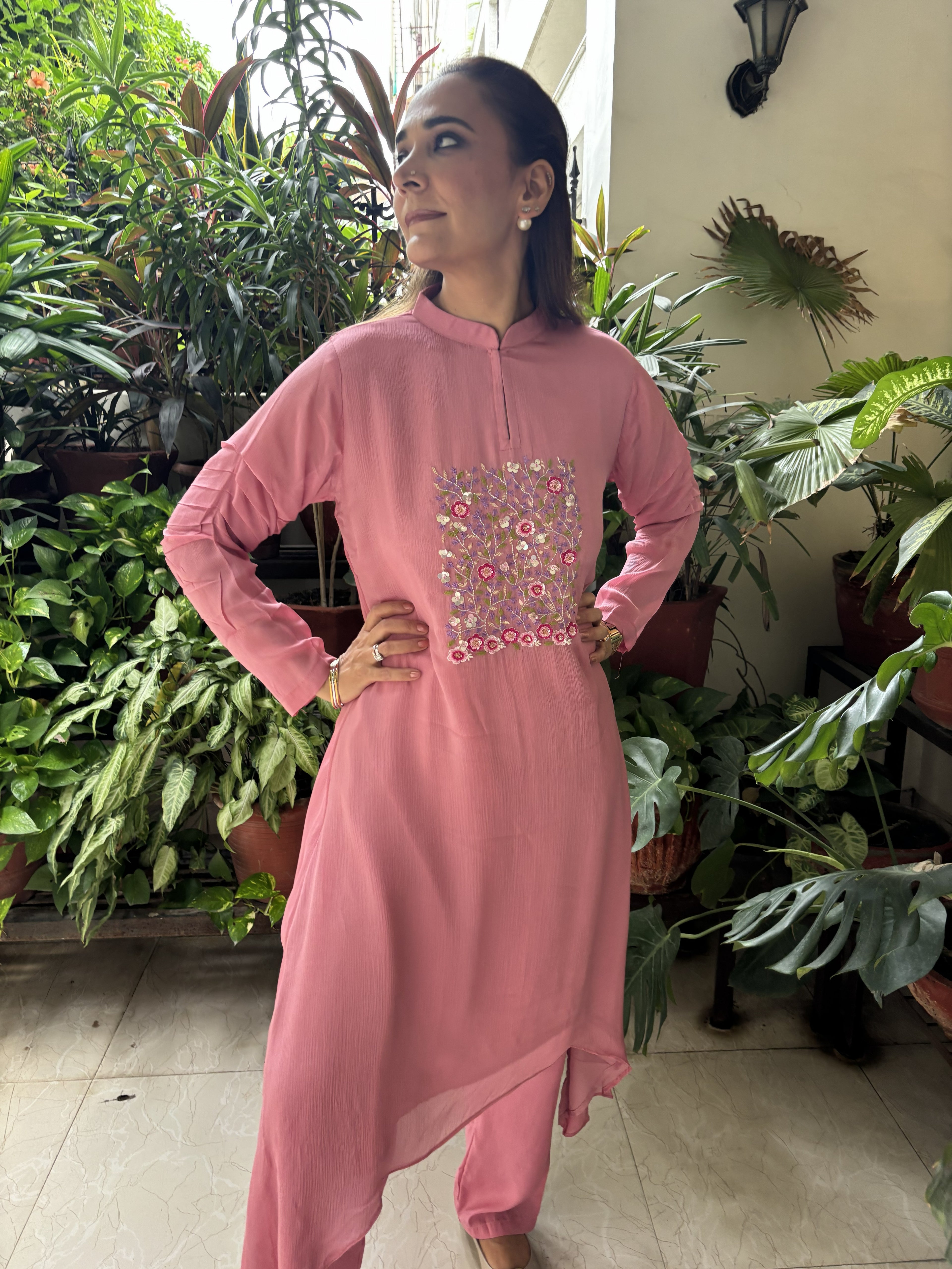 Front and Centered Embroidery with Ruching on Sleeves