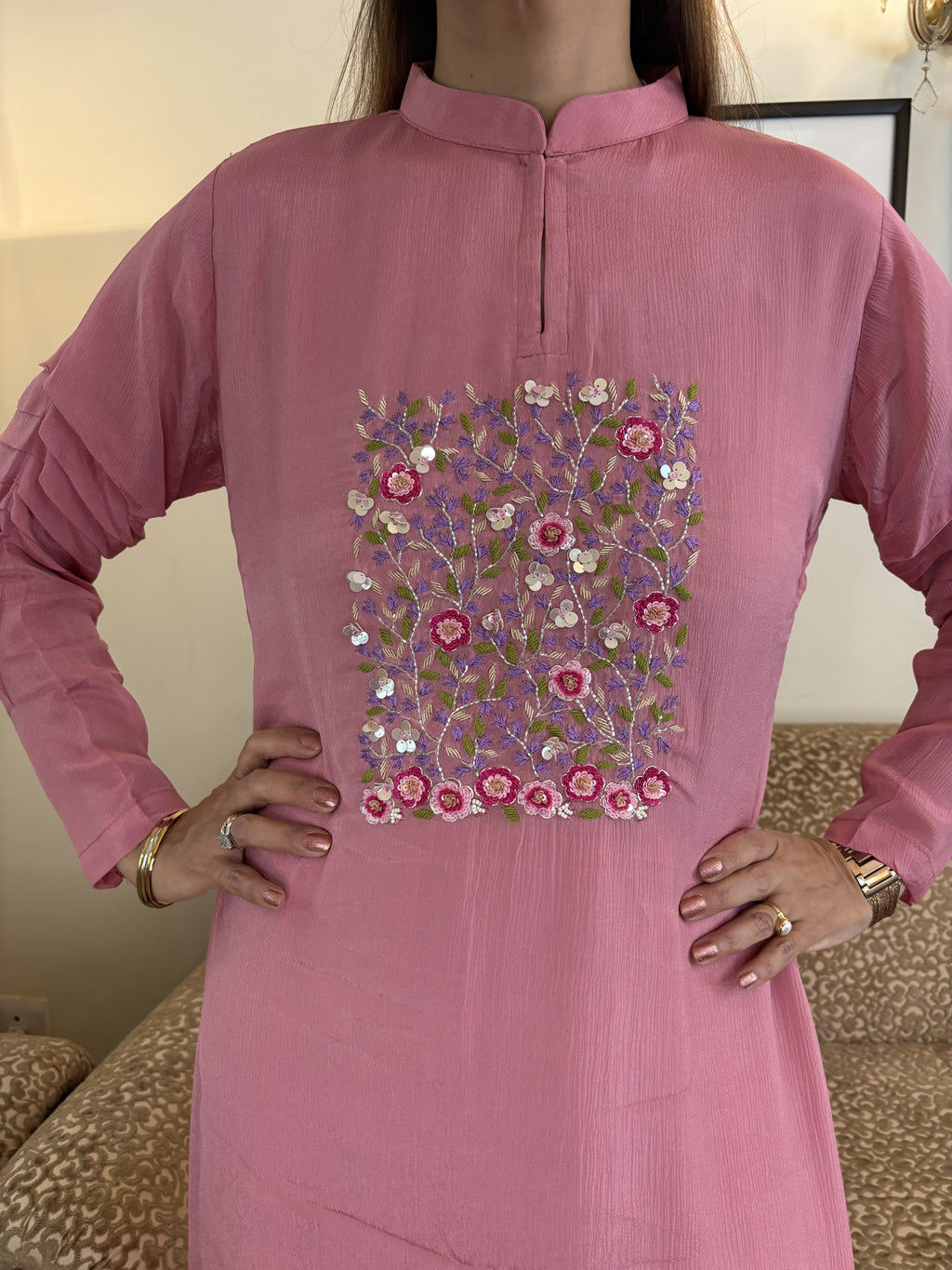 Front and Centered Embroidery with Ruching on Sleeves