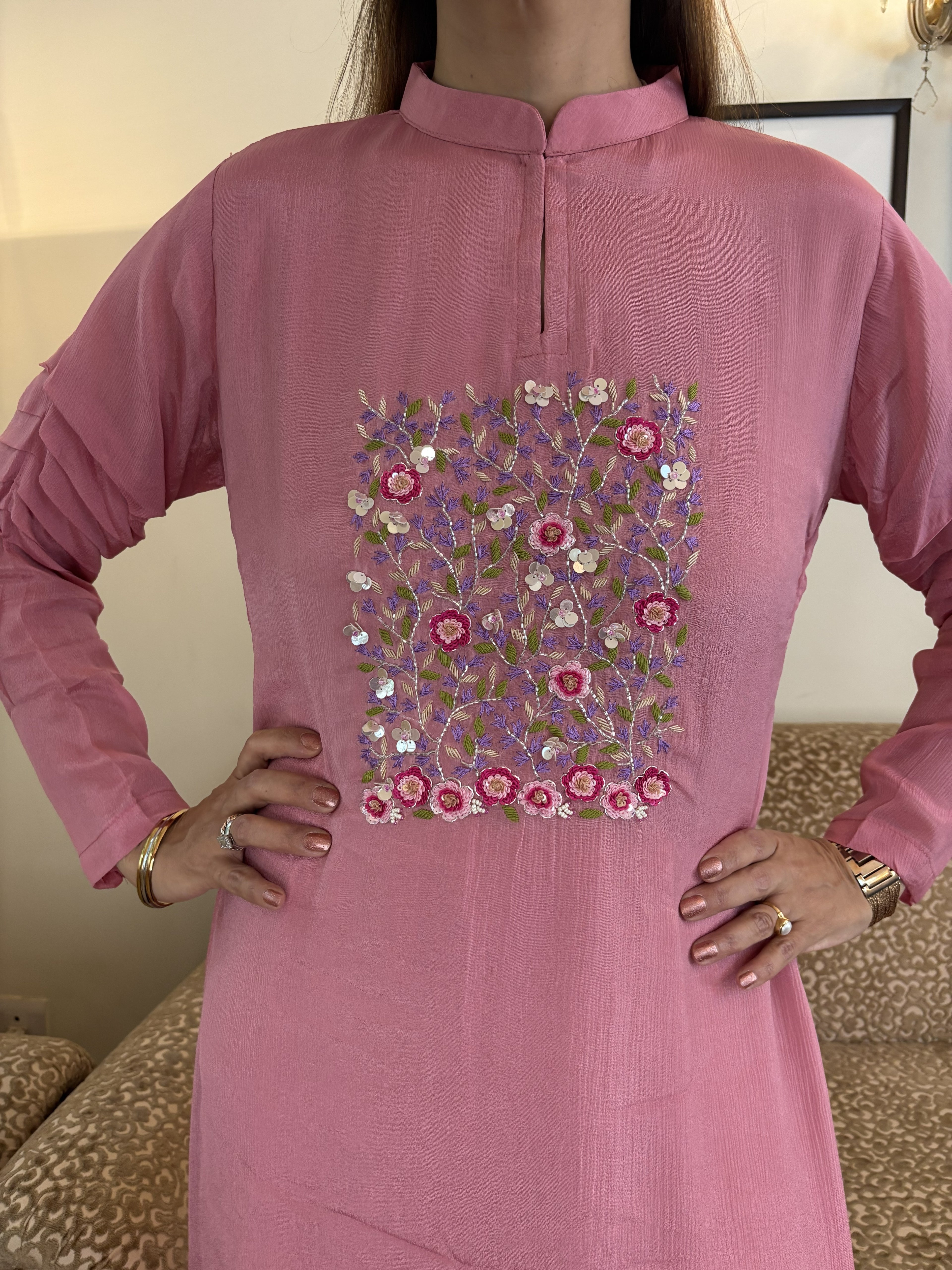 Front and Centered Embroidery with Ruching on Sleeves