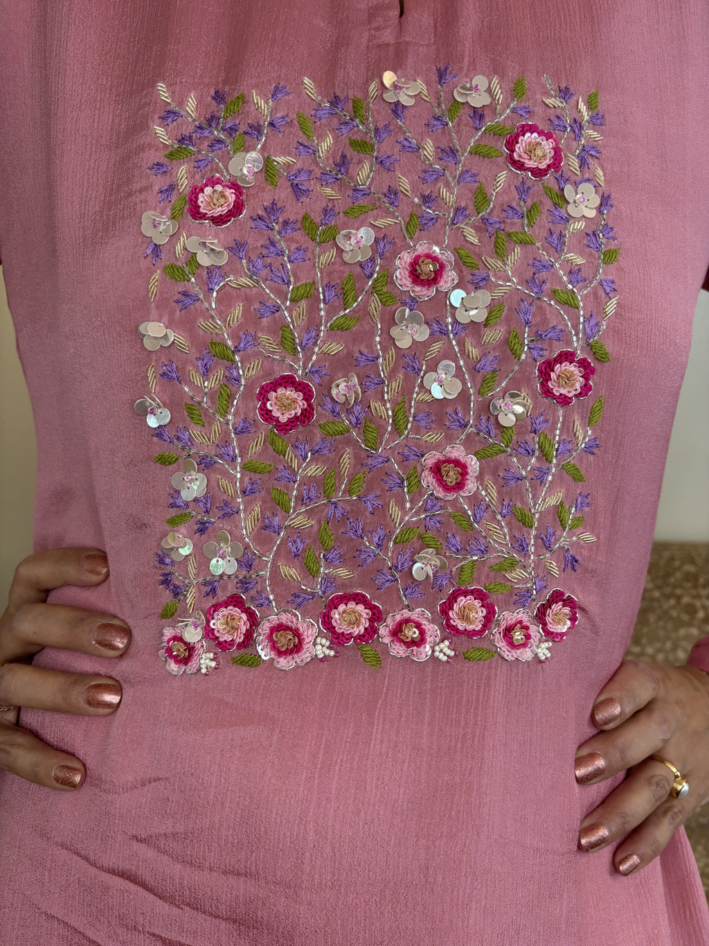 Front and Centered Embroidery with Ruching on Sleeves