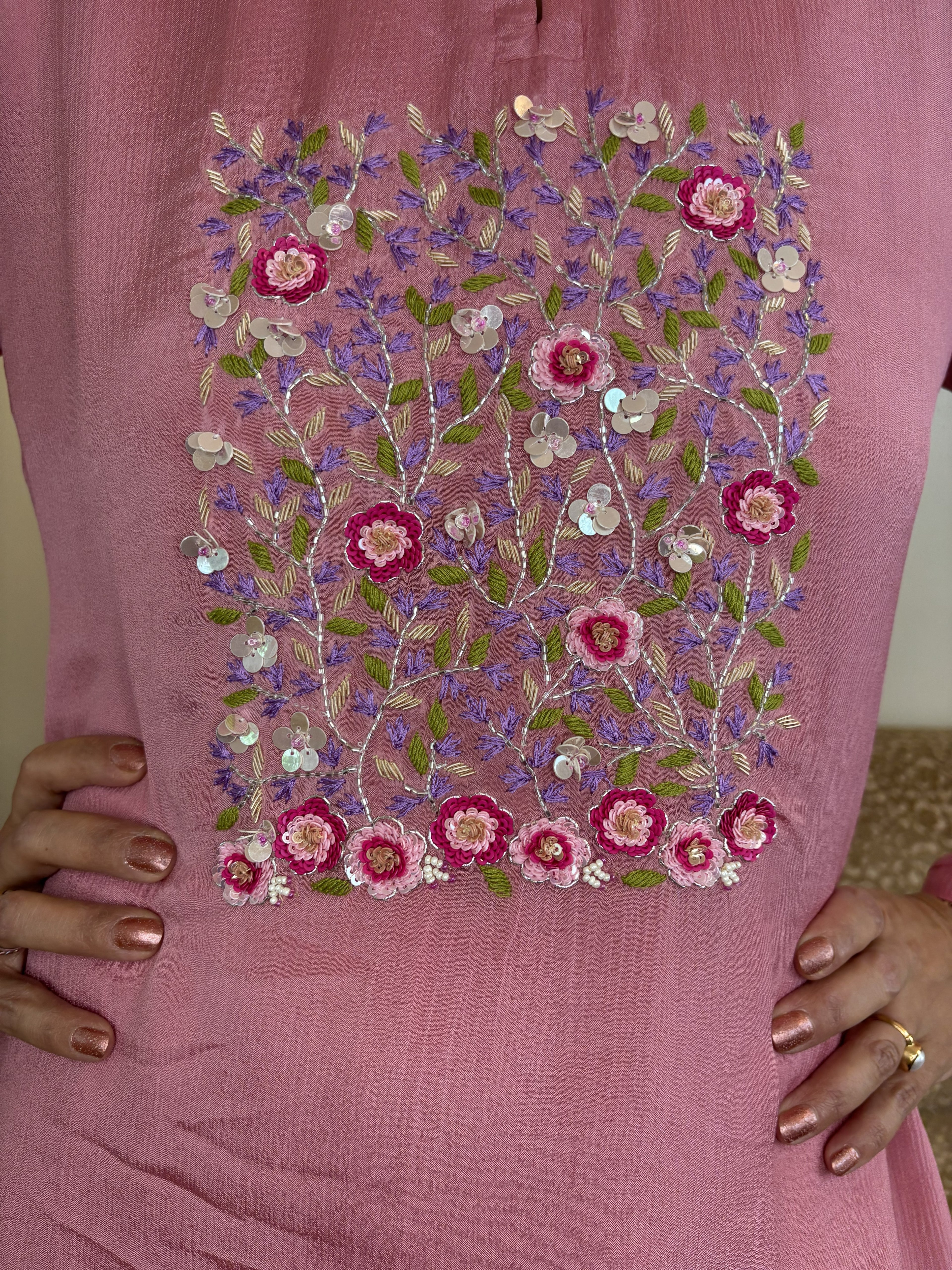 Front and Centered Embroidery with Ruching on Sleeves