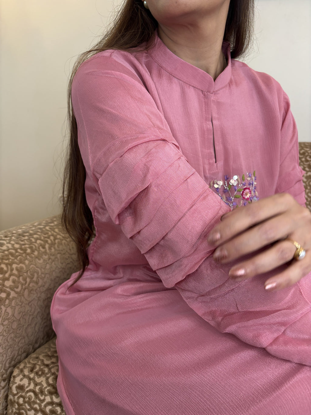 Front and Centered Embroidery with Ruching on Sleeves