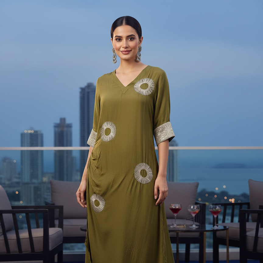 Woman in a green dress with floral patterns standing on a rooftop with city skyline in the background