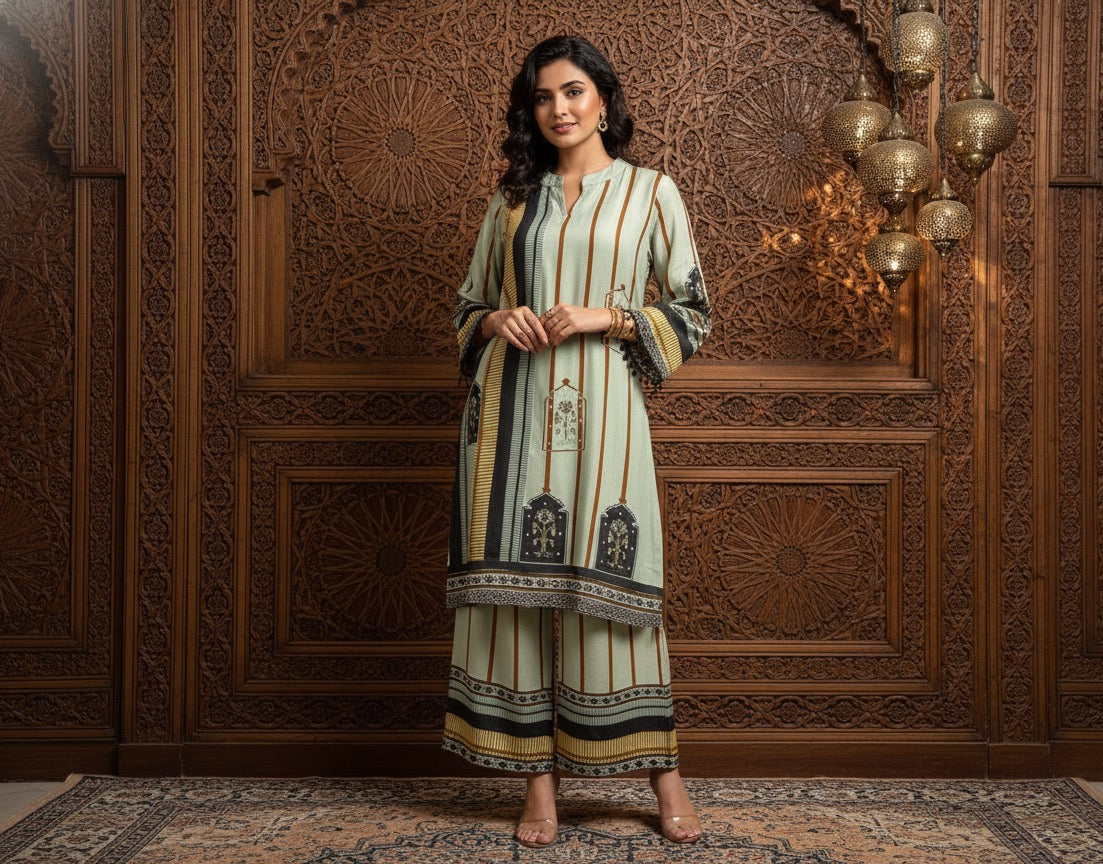 Woman in a traditional outfit standing in front of an ornate wooden wall.
