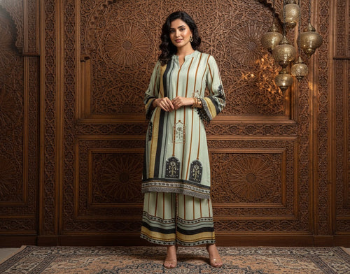 Woman in a traditional outfit standing in front of an ornate wooden wall.