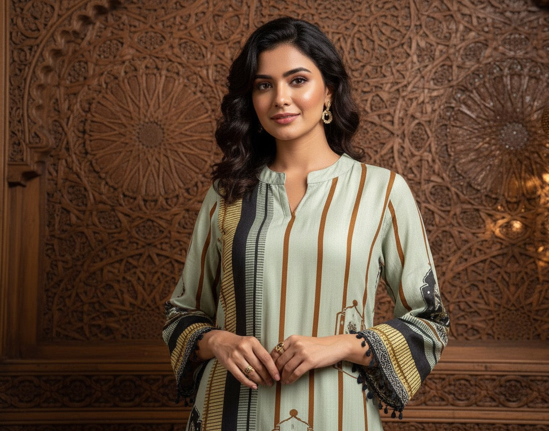 Woman wearing a light green and brown striped shirt against an ornate wooden wall.