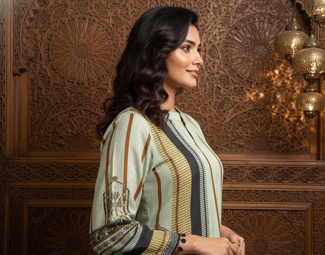 Woman in a patterned outfit standing in front of ornate wooden wall.