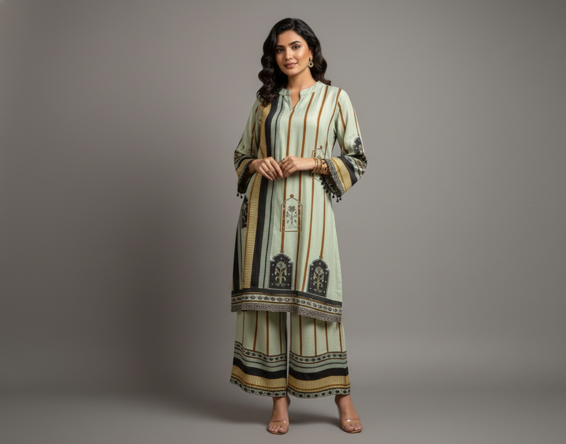 Woman wearing a traditional outfit with intricate patterns on a gray background