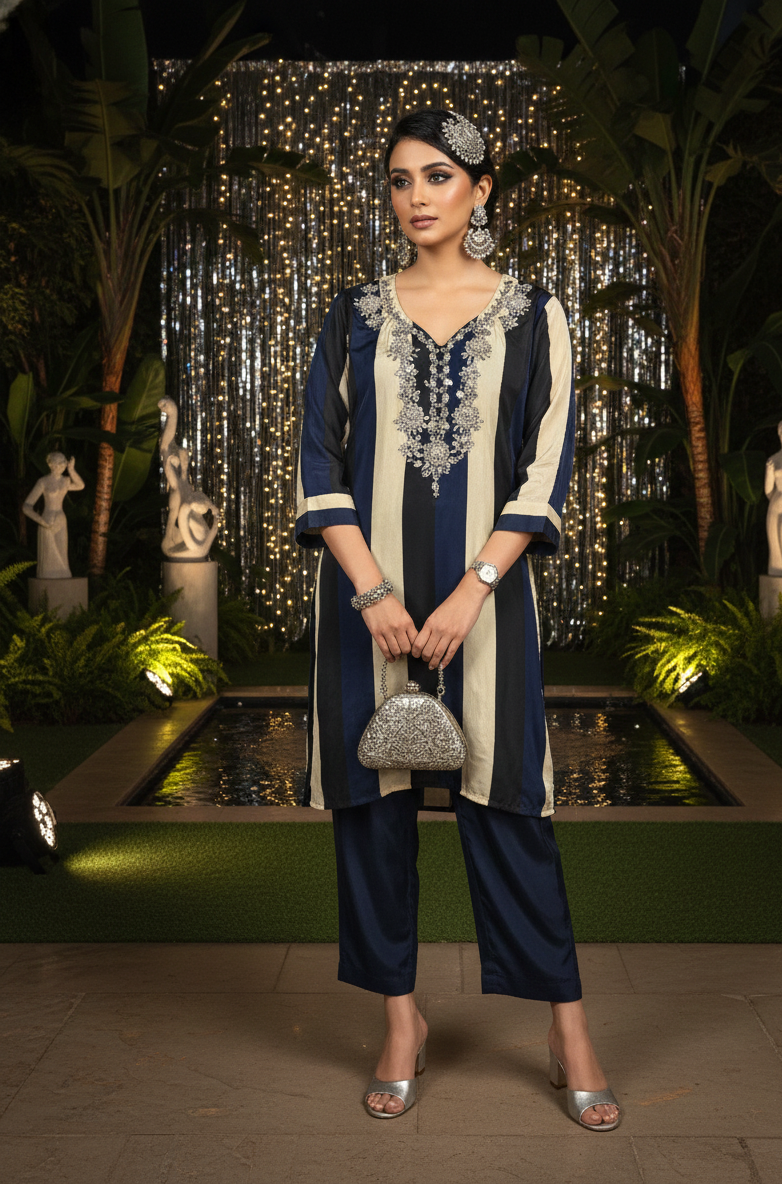 Woman in a blue and white traditional outfit standing in an outdoor setting with decorative lights and statues.