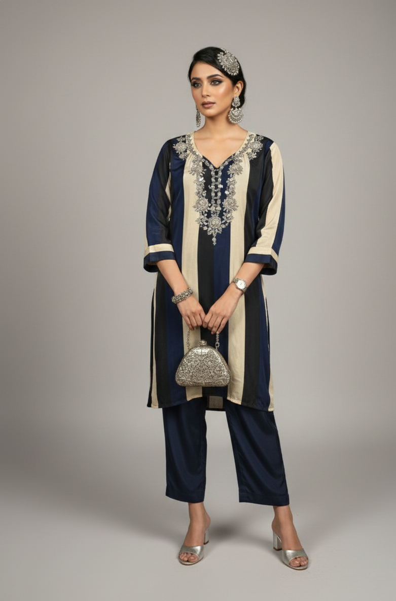 Woman wearing a navy and beige traditional outfit with jewelry on a gray background