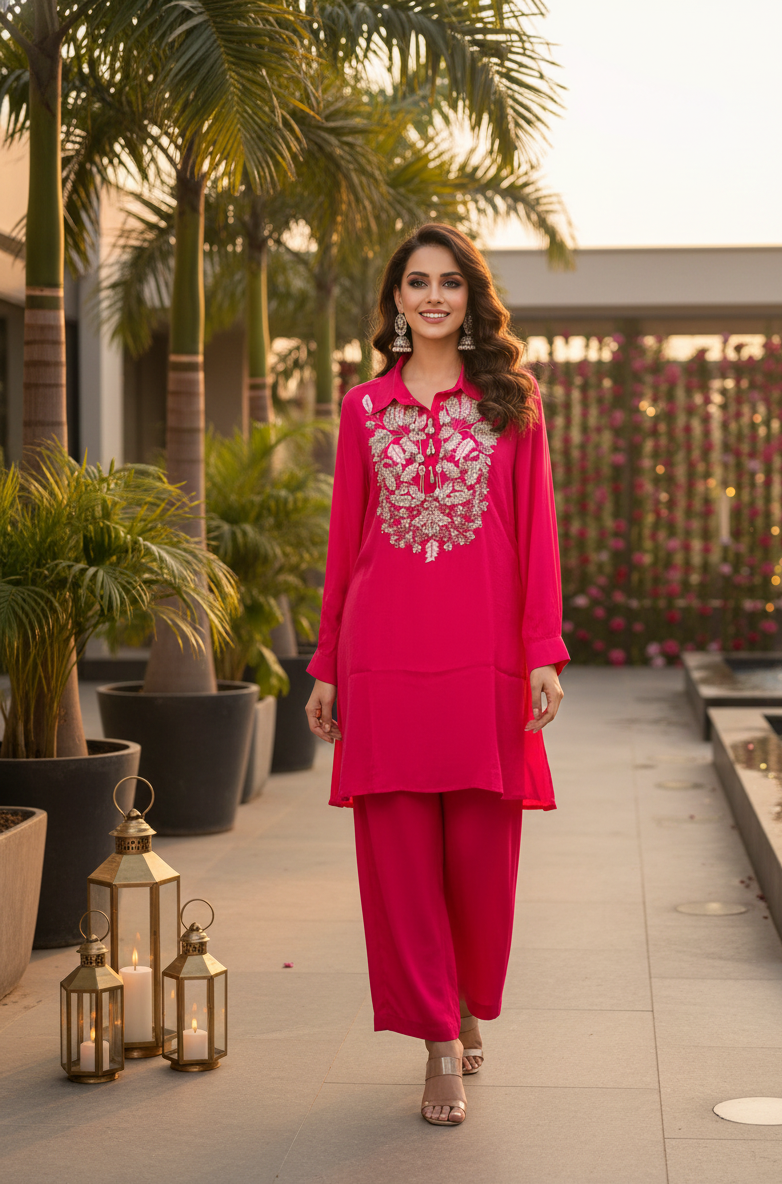 Woman in a bright pink traditional outfit standing outdoors with plants and lanterns in the background