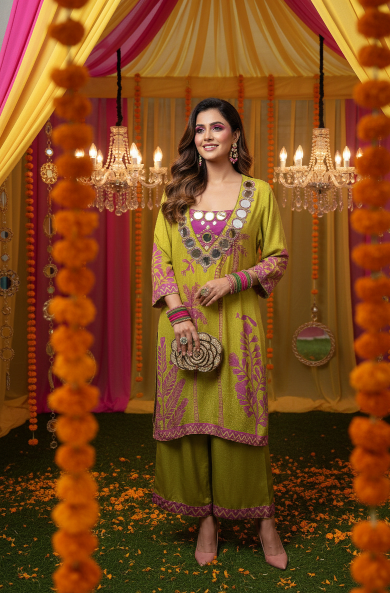 Woman in a green and pink traditional outfit standing in a decorated room with chandeliers and floral arrangements.