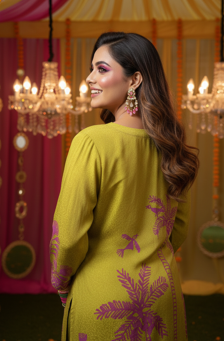 Woman in a green traditional outfit with pink embroidery in a decorated indoor setting.