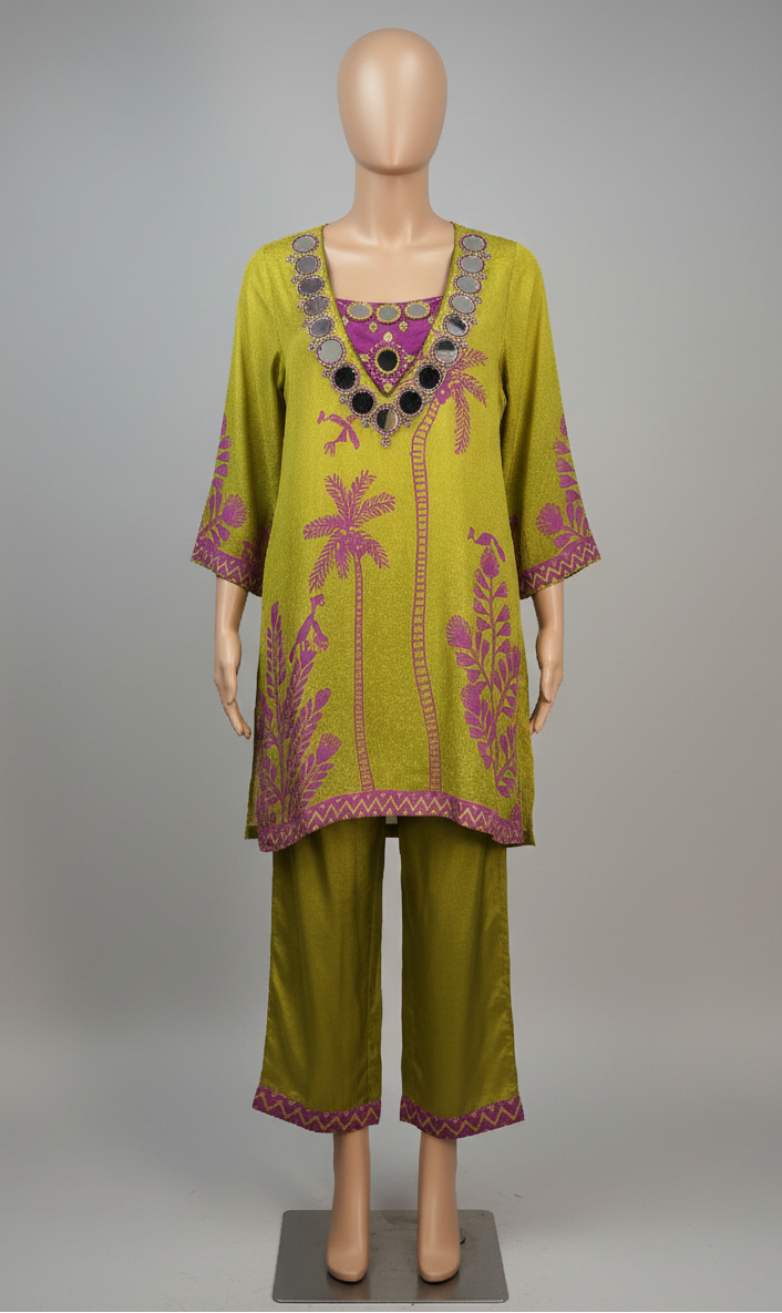 Green embroidered outfit on a mannequin against a gray background