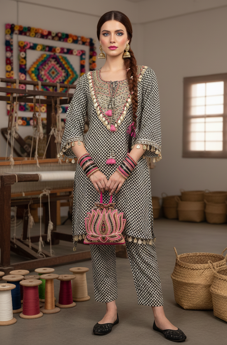Woman in traditional outfit standing in a room with weaving equipment and baskets.