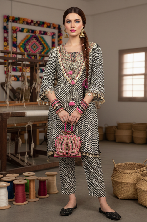 Woman in traditional outfit standing in a room with weaving equipment and baskets.