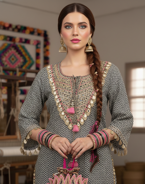 Woman in traditional outfit with intricate patterns and jewelry in a room setting.