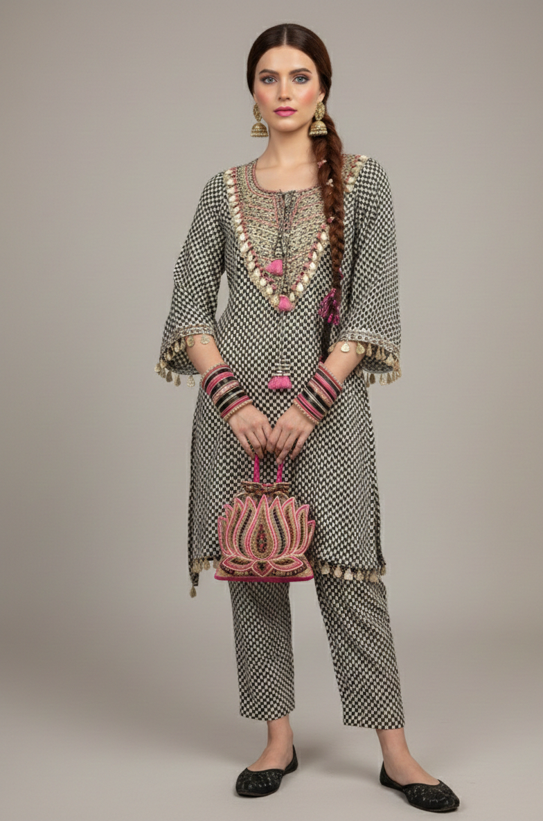 Woman wearing a patterned outfit with a handbag on a neutral background