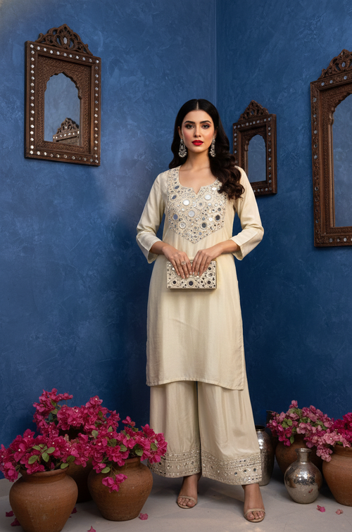Woman in a cream traditional outfit standing against a blue wall with decorative mirrors and plants.