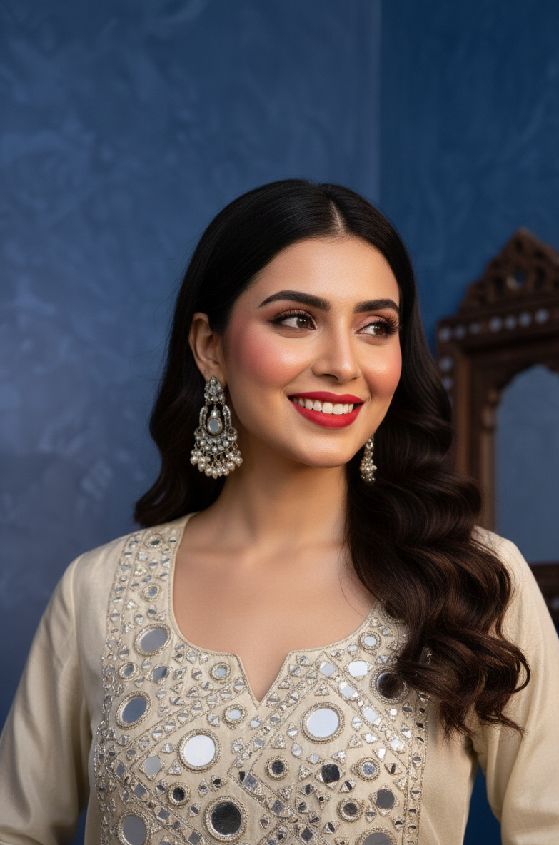 Woman wearing traditional attire with intricate designs against a blue background