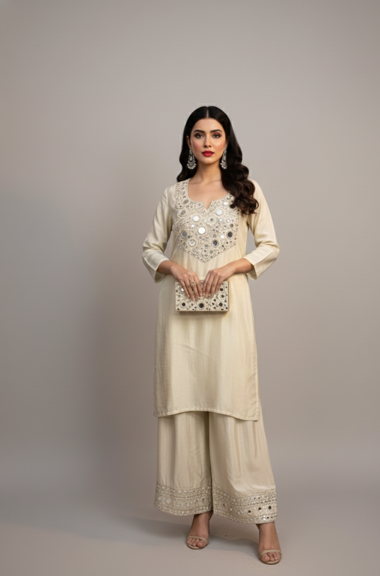 Woman wearing a beige embroidered outfit against a plain background