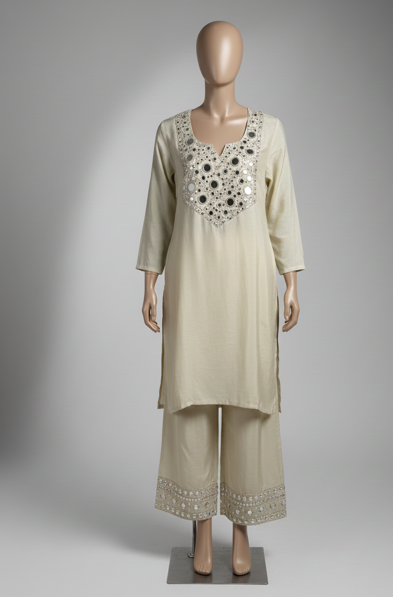 Beige outfit with floral embroidery on a mannequin against a gray background