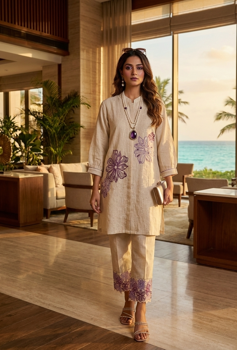 Woman in a beige and purple embroidered outfit standing in a luxurious room with ocean view.