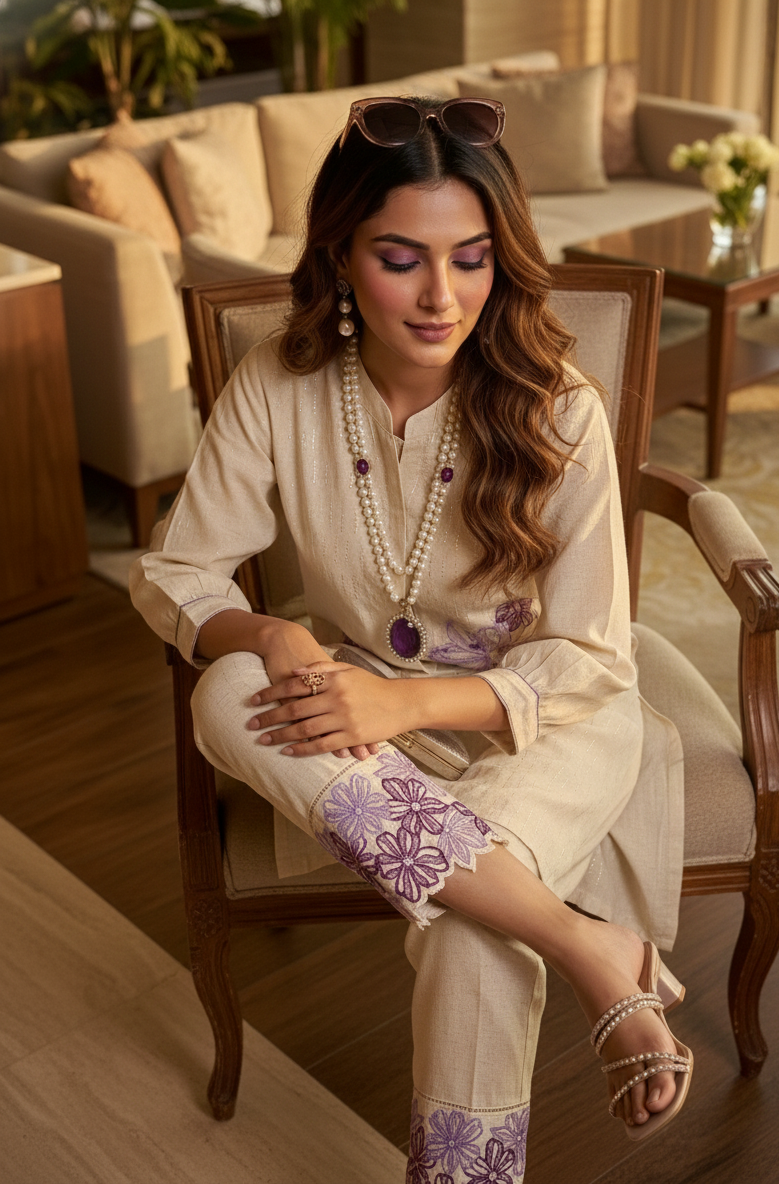 Woman sitting in a chair wearing a traditional outfit with floral patterns in a well-lit room.