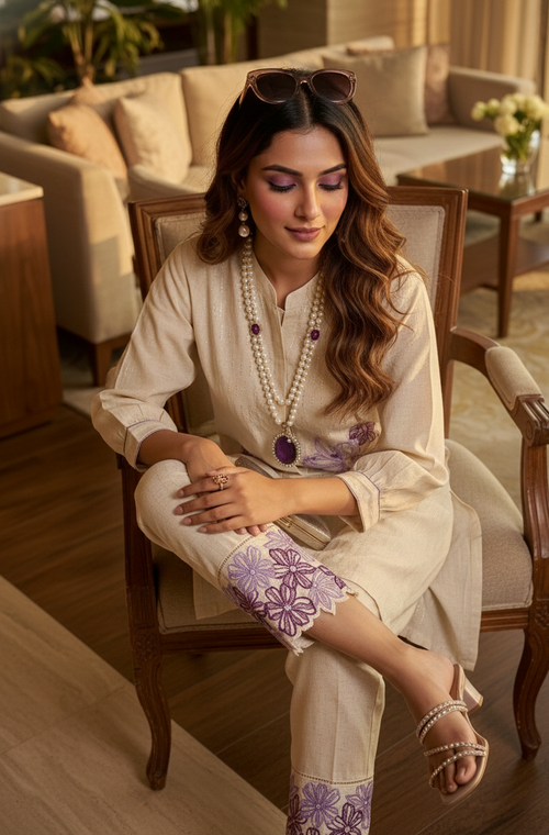 Woman sitting in a chair wearing a traditional outfit with floral patterns in a well-lit room.