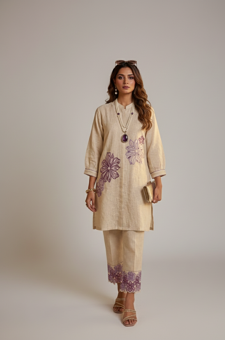 Woman wearing a beige outfit with floral embroidery on a plain background