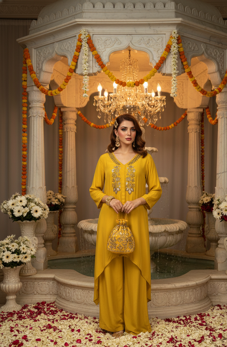 Woman in a yellow traditional outfit standing in front of a decorated fountain with flowers and a chandelier.