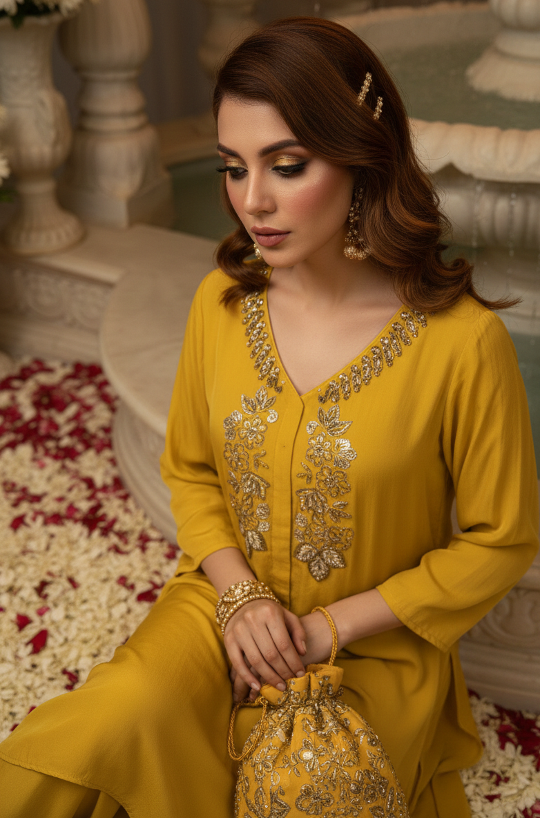 Woman in a yellow traditional outfit with gold embroidery, sitting on a decorative floor.