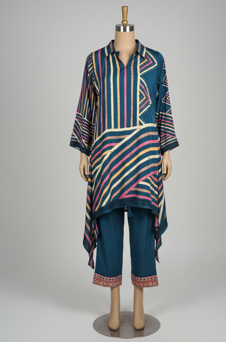Colorful striped shirt and blue pants on a mannequin against a gray background