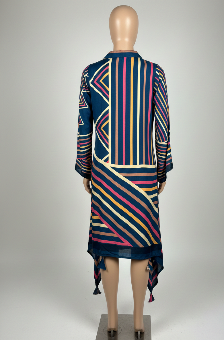 Mannequin wearing a colorful striped dress on a gray background
