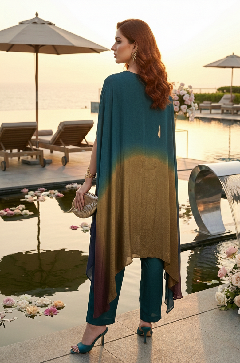 Woman in a gradient dress standing by a poolside with sunset and flowers in the background