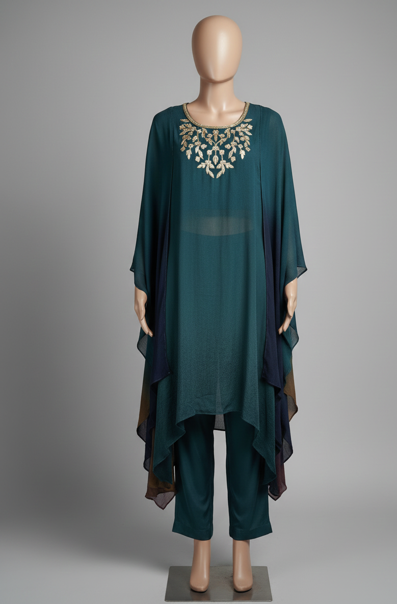 Teal outfit with embellished neckline on a mannequin against a gray background