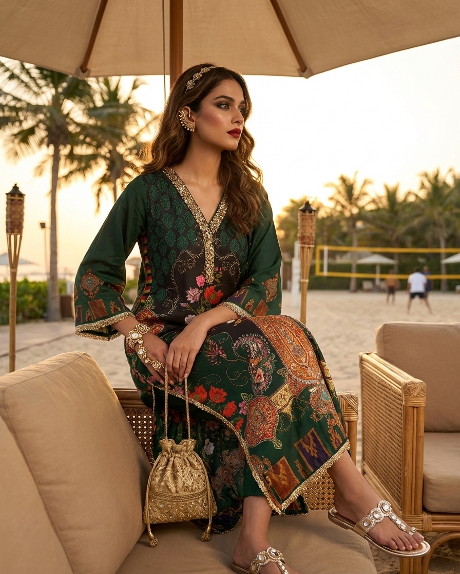 Woman in a patterned dress sitting under an umbrella with palm trees in the background