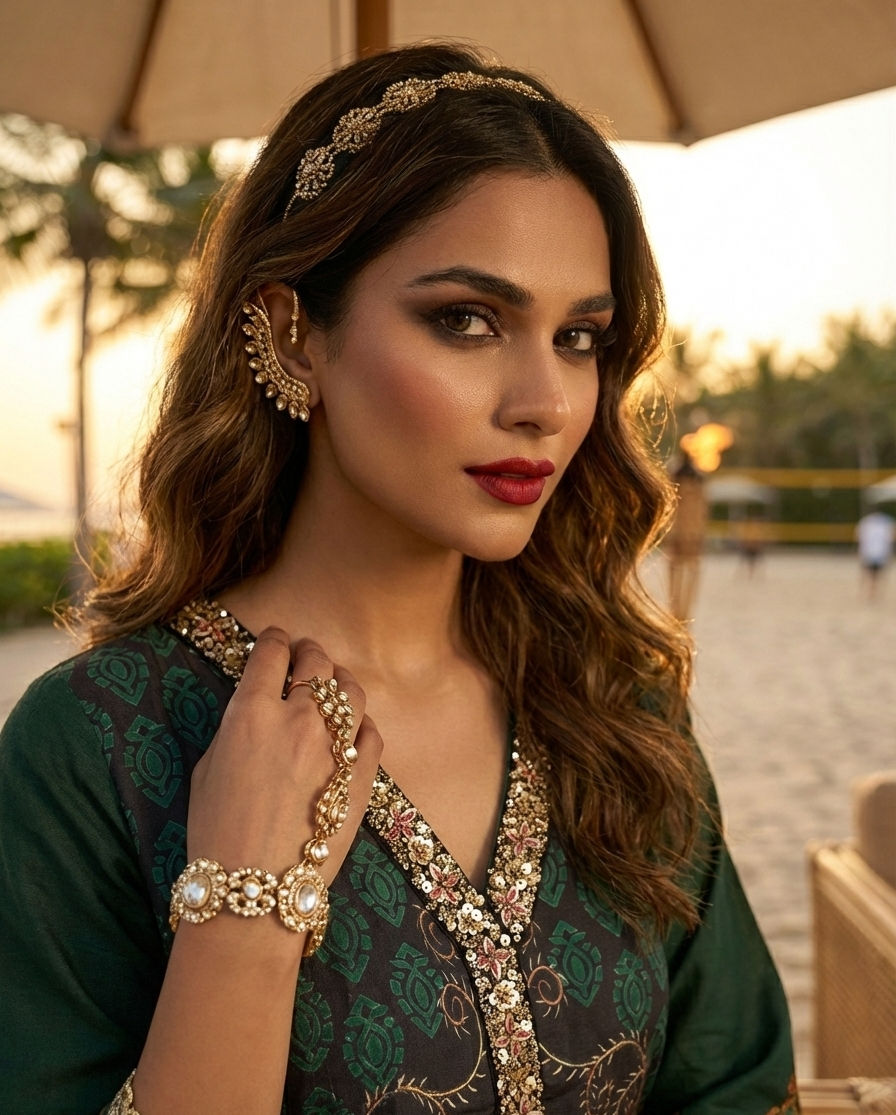Woman in traditional attire with jewelry by a waterfront
