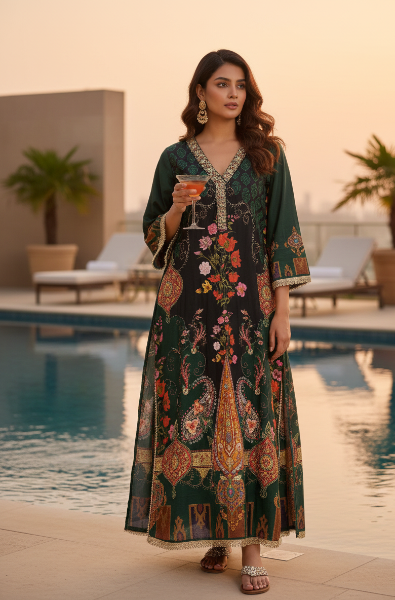 Woman in a patterned dress holding a glass by a poolside at sunset.
