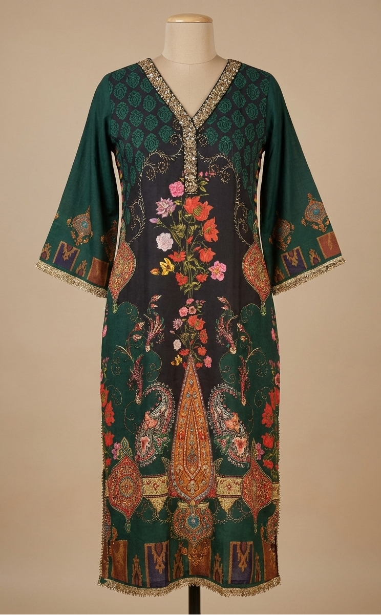 Decorative dress with floral and paisley patterns on a beige background