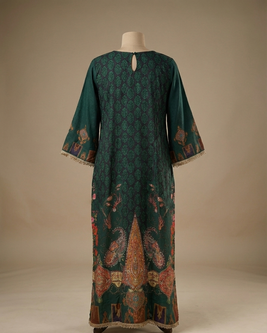 Green embroidered dress on a mannequin against a beige background
