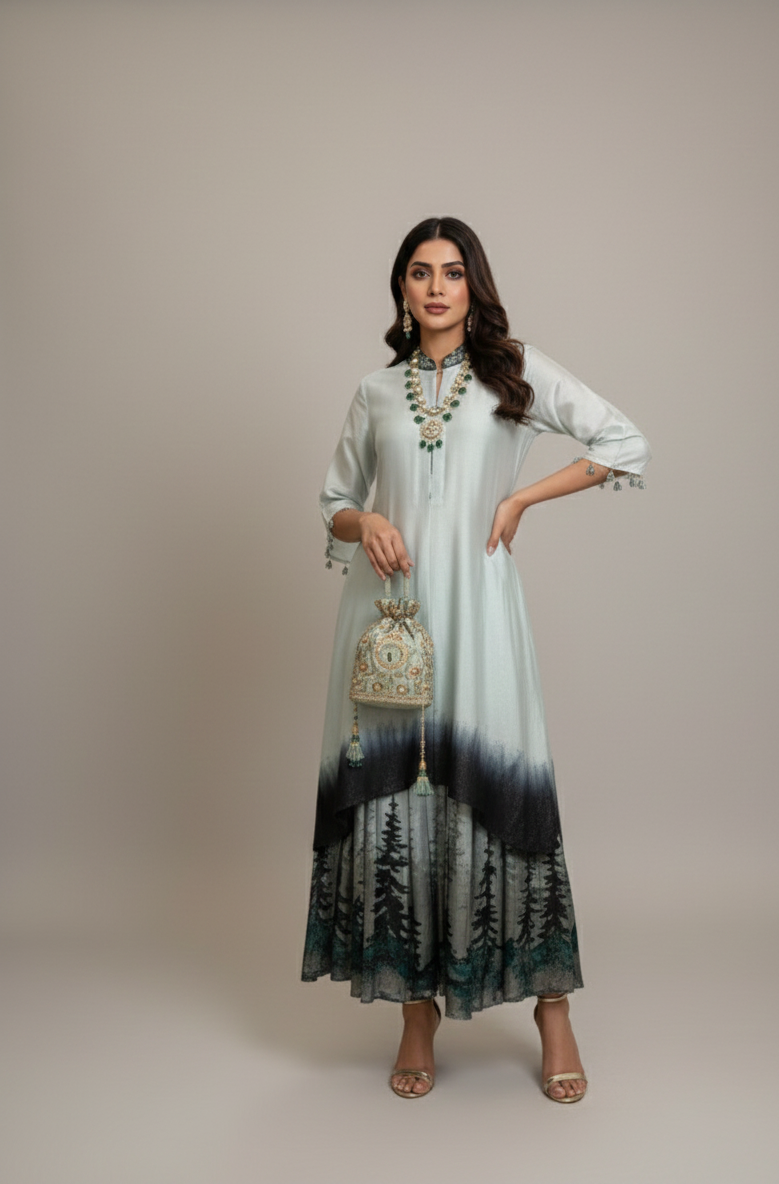 Woman wearing a long, light-colored dress with a gradient effect, holding a matching handbag against a neutral background.