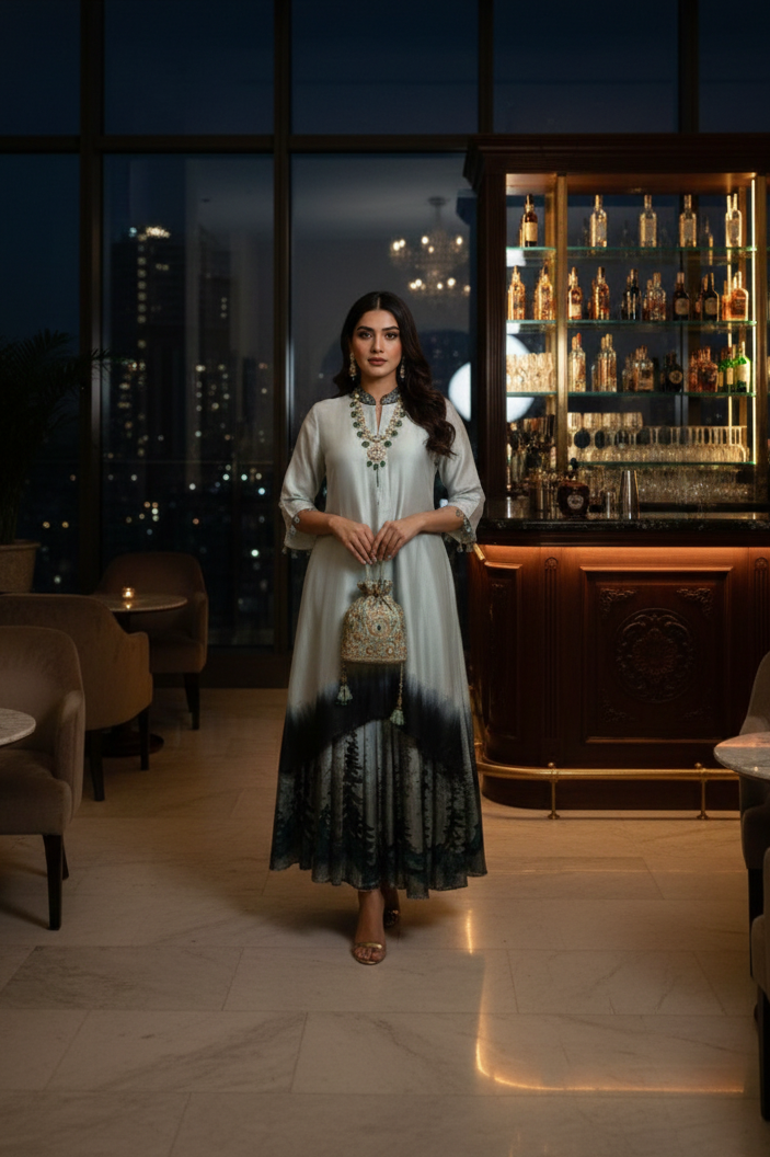Woman in a stylish outfit standing in a luxurious interior setting with a bar in the background.