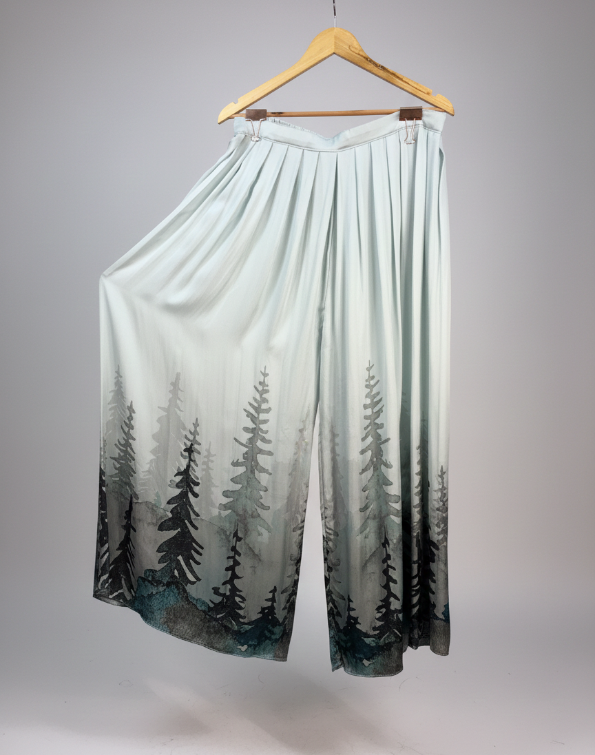 Light green pants with tree pattern hanging on a wooden hanger against a gray background