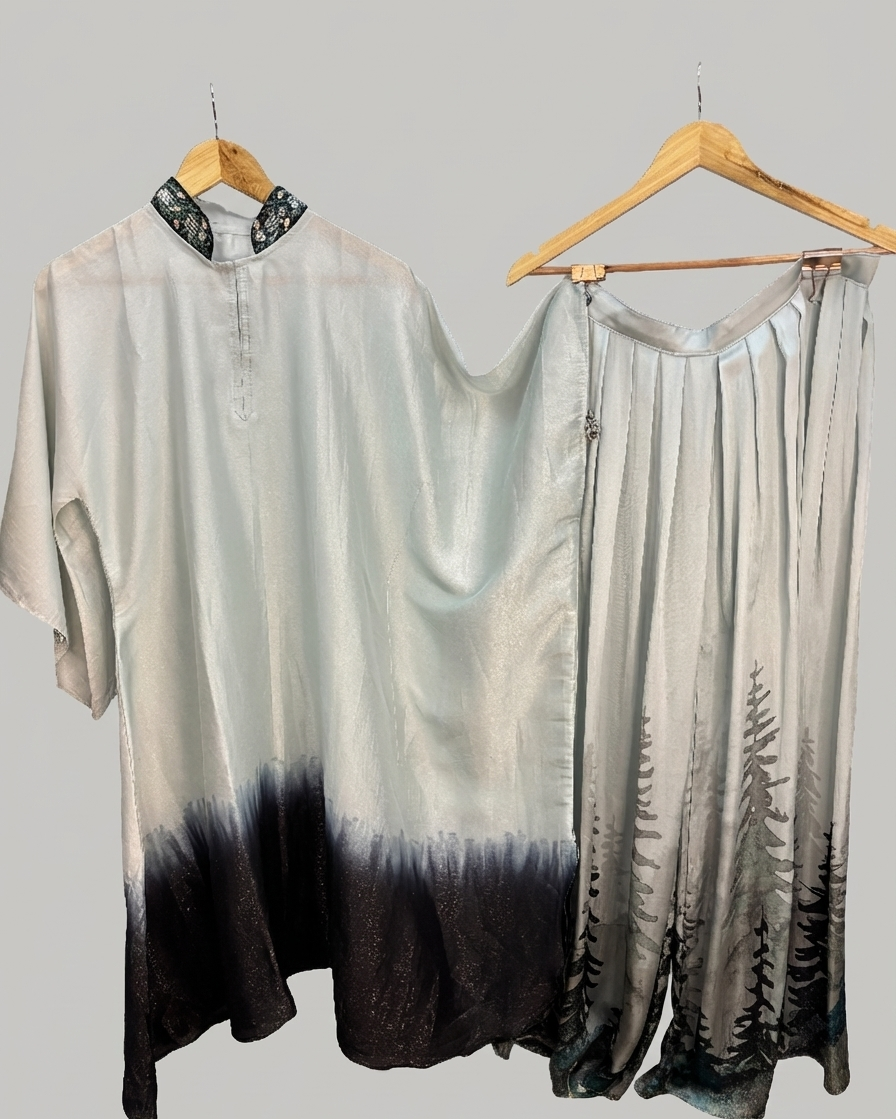 Ombre shirt and pants on hangers against a gray background