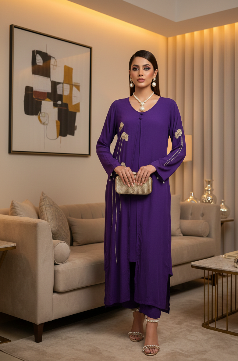 Woman in a purple outfit standing in a stylish living room.