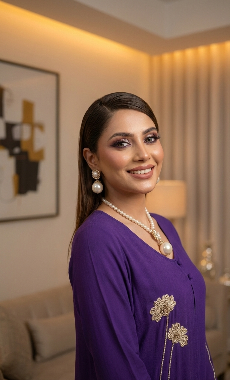 Woman in a purple outfit with gold details standing in a room with neutral decor.