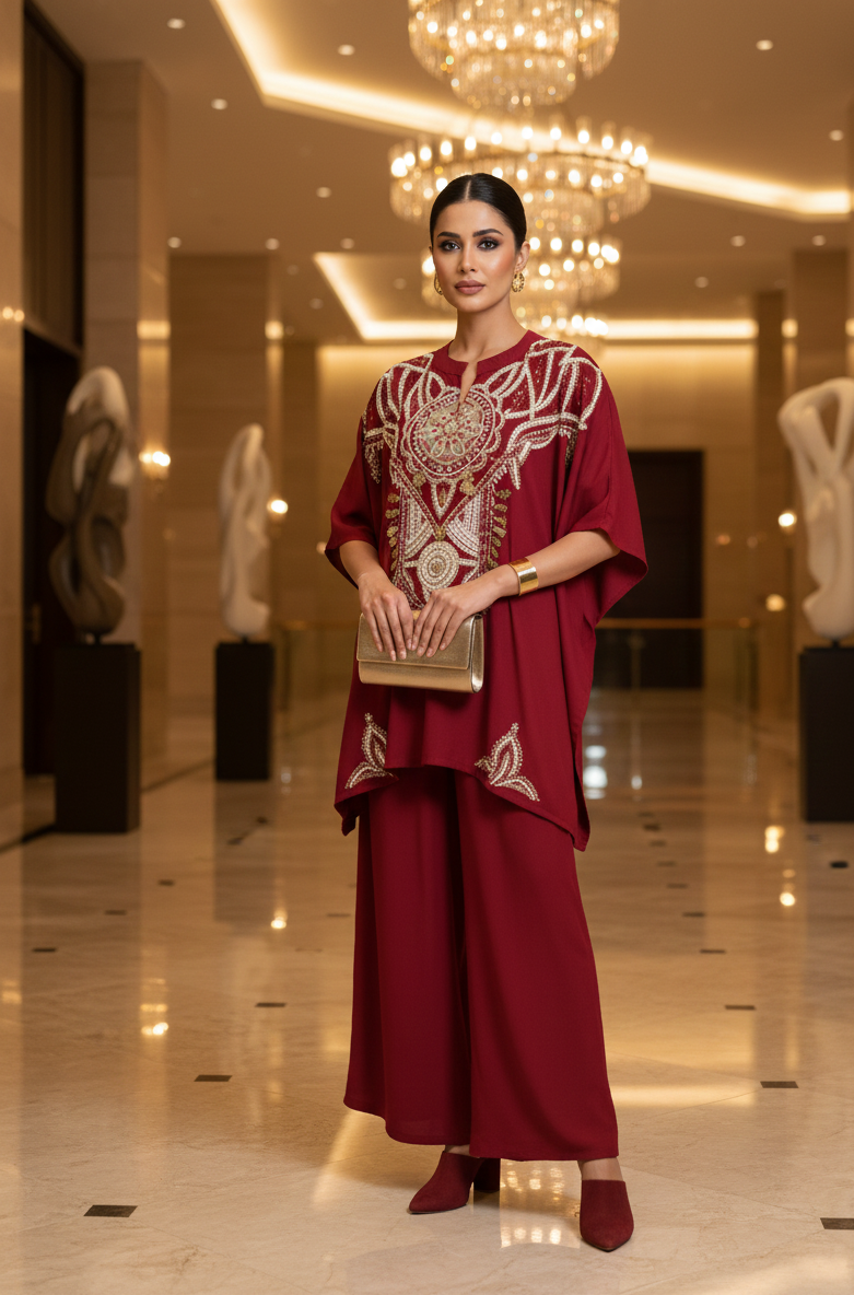 Woman in a red traditional outfit standing in an elegant interior setting.